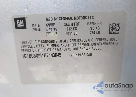 2017 Chevrolet Cruze Ls Auto z USA, uszkodzony, nr VIN 1G1BC5SM1H7143645